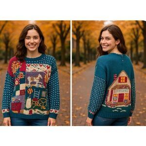 Vintage 80’s Cape Isle Knitters  Patchwork Hand Knit Cottagecore Sweater L-RARE